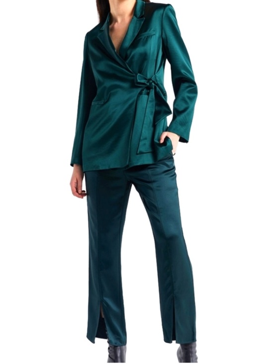 Lattelier Pants - Lattelier Tie-Waist Blazer & Front Slit Trouser Set in Dark Green s/m